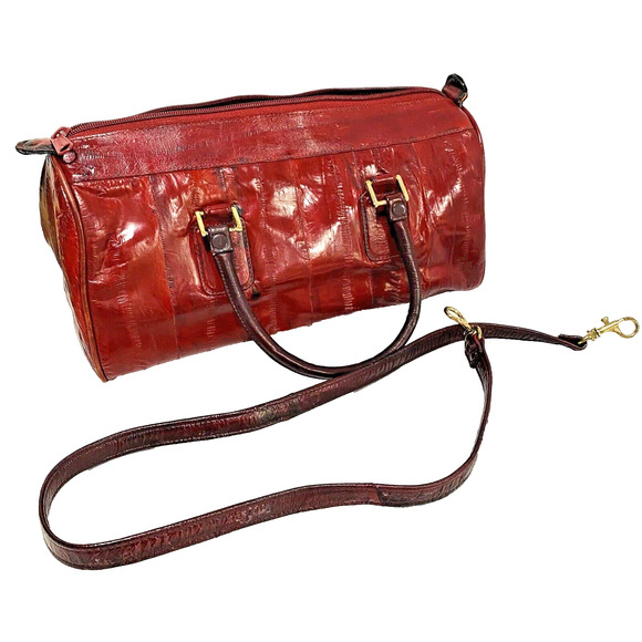 Vintage Red Eel Skin Leather Double Handle Satchel & Shoulderbag Purse Korea - Picture 8 of 12